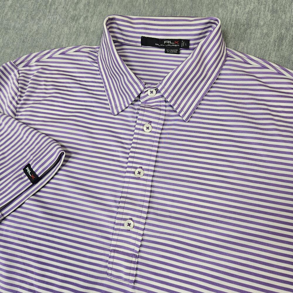 RLX Ralph Lauren Polo Shirt Mens L Purple Striped Golf Performance Spandex
